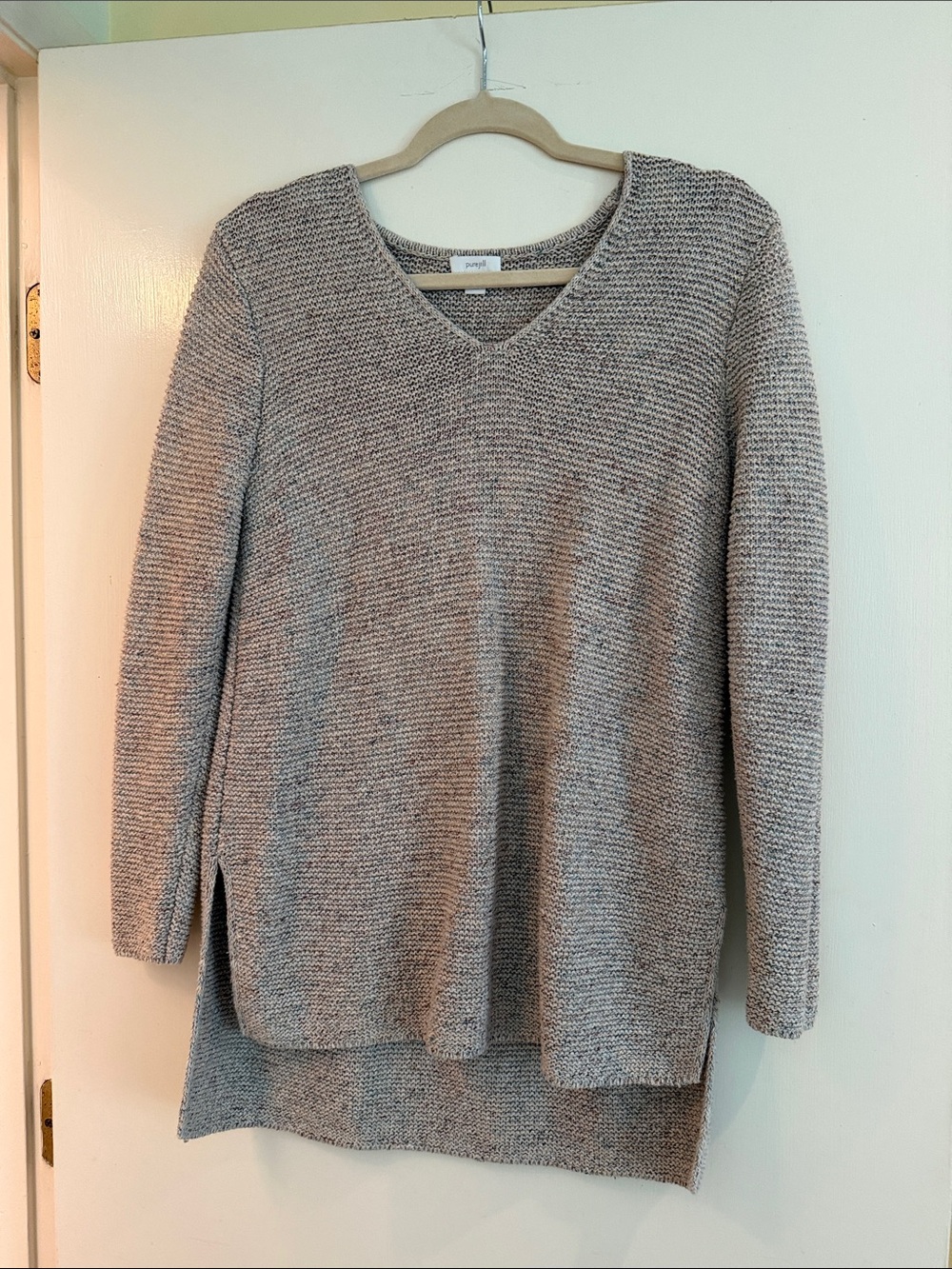 Cozy V-Neck Women’s Sweater in Light Gray with other colors woven in
